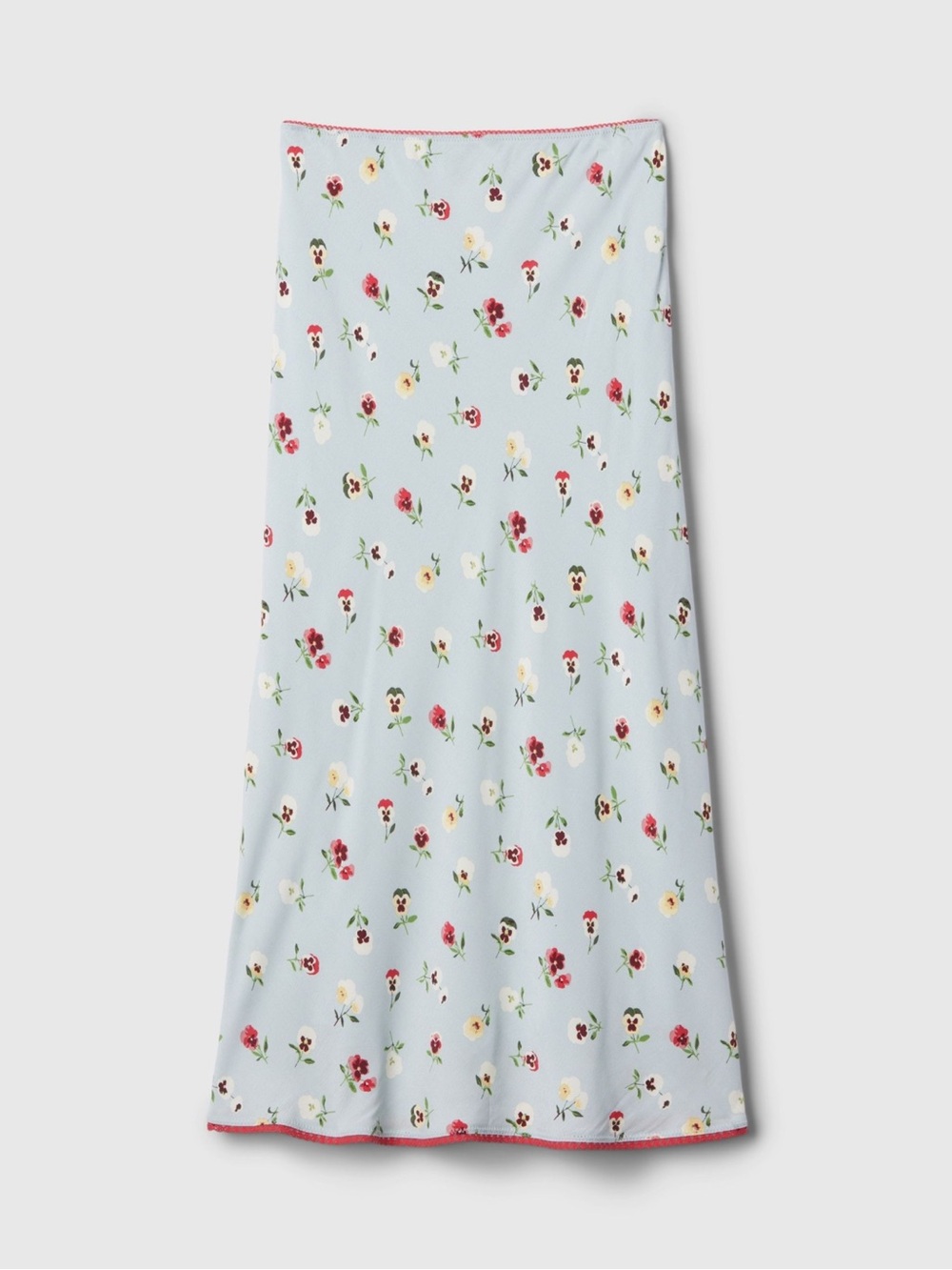 Light Blue Floral Midi Skirt with Red Trim